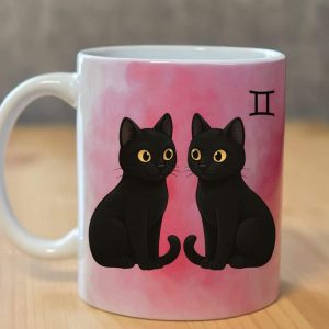 כוס איכותית לשתיה חמה מזל תאומים עם רקע ורוד צד קדמי