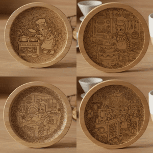 סט 4 תחתיות עץ עגולות לכוסות עם חתולים דגם ‘Tofi’ - עם חריטה אישית