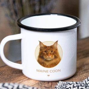 כוס אמייל וינטג' מעוצבת לשתיה חמה חתול מיין קון דגם 'Maine Coon' - צד קדמי