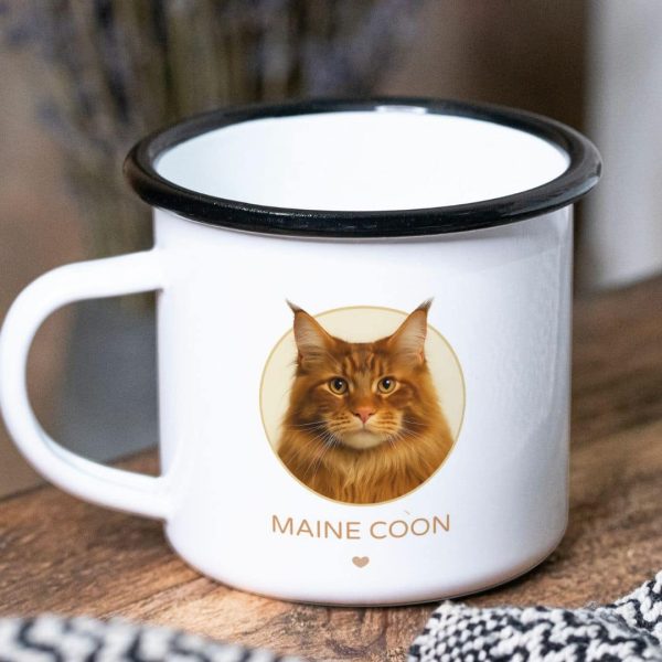 כוס אמייל וינטג' מעוצבת לשתיה חמה חתול מיין קון דגם 'Maine Coon' - צד קדמי