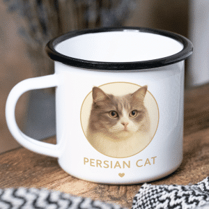 כוס אמייל וינטג' מעוצבת לשתיה חמה עם חתול פרסי דגם 'Persian'- צד קדמי