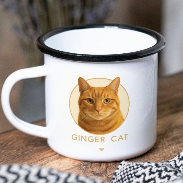 כוס אמייל וינטג' מעוצבת לשתיה עם חתול ג'ינג'י דגם 'Ginger' - צד קדמי