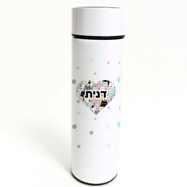 בקבוק תרמי איכותי עם צג טמפרטורה הדפסי חתולים דגם 'Meow Love'